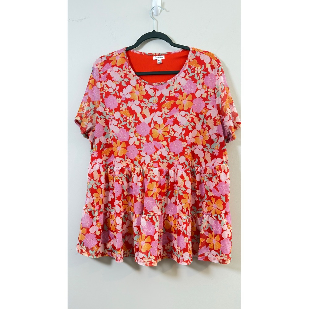 Lovefire Babydoll Top Red Floral Mesh Tiered Short Sleeve Women 1X